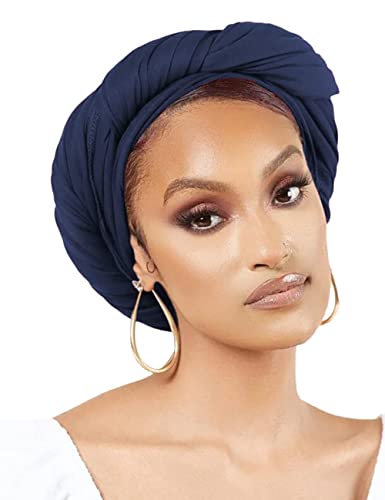 Nonbongoy Head Wraps for Black Women 71"x32" Long Soft Jersey Hijab Turban - color: 1- Navy Blue Headwrap