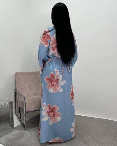 Women Butterfly Abaya Elegant Prayer Dress with Bell Sleeve, Waist Tie, Stylish Floral Printed Maxi Robe - color: Blue, size: Small
