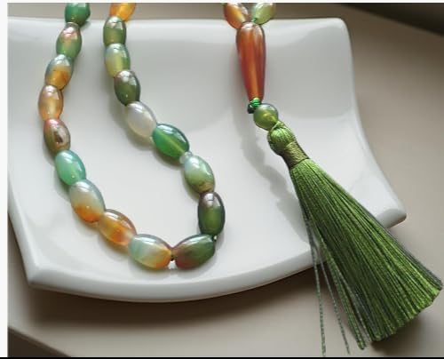 Real Stone Green Tasbih Prayer Beads 33 Beads with Green Yellow Tassel – Islamic Misbaha Subha Sibha Masbaha Tasbeeh Dhikr Beads – Tasbeeh,Islamic Prayer Beads, Masbaha, Eid Ramadan Hajj Umrah Gift