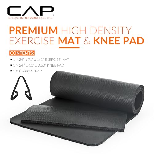 CAP Barbell 1/2-Inch High Density Exercise Yoga Mat with Strap | Multiple Options - color: Black, style: Yoga Mat w/Knee Pad