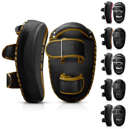 DXM SPORTS Muay Thai Pads Kickboxing Equipment Martial Arts Training Kick Pads for MMA, Taekwondo, Karate – Ideal for Kicks, Knees and Punches in Martial Arts Training (ONE PAD ONLY) - color: Black & Gold