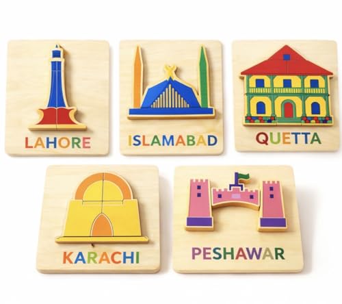 Wooden Pakistan Landmark Puzzles (Set of 5), Montessori Educational Toys for Toddlers Ages 2-5, Fine Motor Skills and Cultural Learning Gift