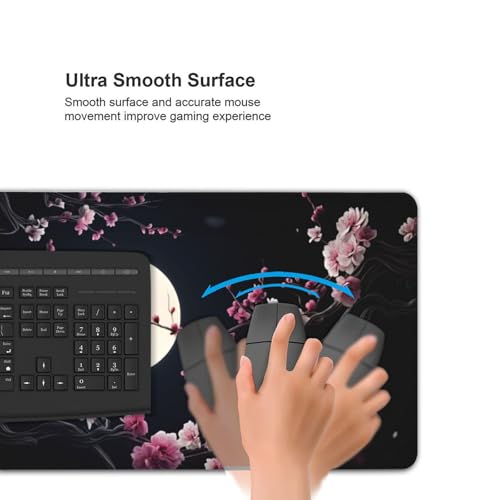 XXL Gaming Mouse Pad 35.4x15.7 Inch, Large Extended Desk Mat | Cherry Blossom Design, Non-Slip Rubber Base, Water-Resistant Surface and Stitched Edges for Gaming, Office & Home - color: Cherry Blossom Moon