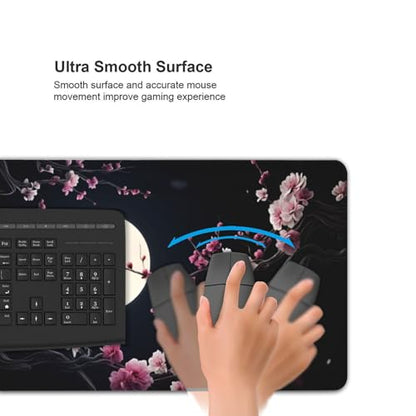 XXL Gaming Mouse Pad 35.4x15.7 Inch, Large Extended Desk Mat | Cherry Blossom Design, Non-Slip Rubber Base, Water-Resistant Surface and Stitched Edges for Gaming, Office & Home - color: Cherry Blossom Moon