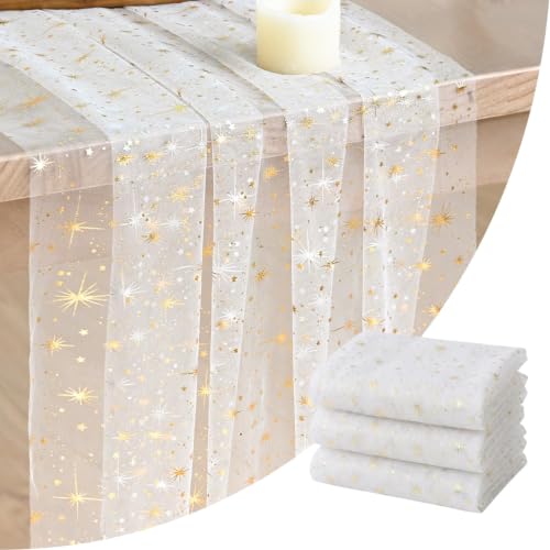 Artoid Mode 3PC Gold Stars Beige Gauze Table Runner 120 Inch 10FT, Reversible Glitter Sheer Dining Wedding Holiday Birthday Table Decor for Home Party - color: Beige Gold, size: 28" x 120", 3pc