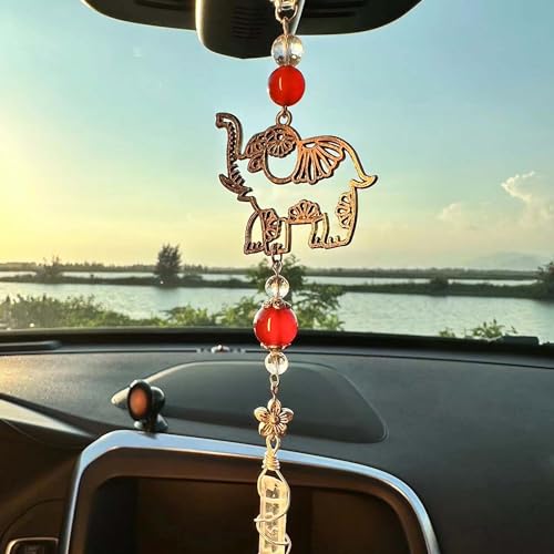 Hanging Car Charm, Handmade Car Mirror Hanging Accessories Rear View Mirror Decorations Crystals Stones Ornament Car Decor for Women Healing Crystal Accessories (Red Carnelian Elephant) - color: Red Carnelian Elephant