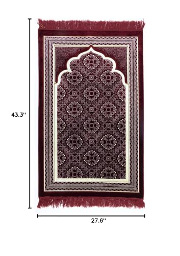 Modefa Turkish Islamic Prayer Rug - Soft Velvet Janamaz Praying Carpet - Comfortable Muslim Praying Mat for Men & Women - Ramadan or Eid Gift - with Kufi Prayer Cap - Elegant Swirl (Red) - color: Red
