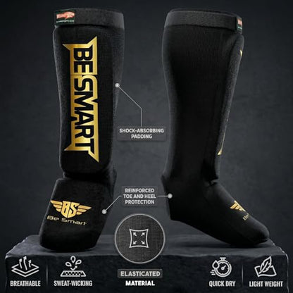 Be Smart MMA Shin Guards for Kickboxing, Muay Thai & Martial Arts – Padded Instep Protection, Lightweight Cotton Elastic Shin Pads – Adult & Youth Training Gear - color: Black/Gold, size: Small-Medium