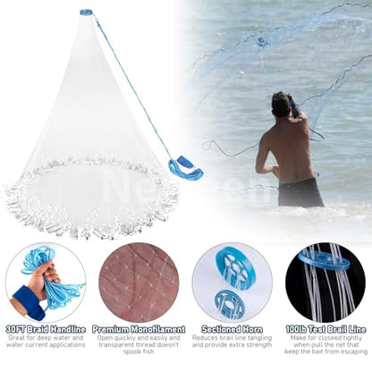 Neween Cast Net for Fishing with Shrimp Cage, American Freshwater Saltwater 3/4/5/6/7/8/9/10Ft Radius Casting Net Bait Trap Fish, Heavy Duty Zinc Sinker, 3/8 Inch Mesh Size - style: 8ft (240cm) Radius