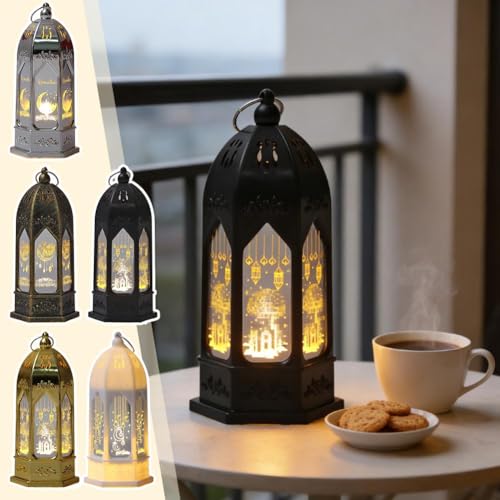 2026 Ramadan Lantern Led Gold Moon Star Castle Night Lights for Home Eid Mubarak Centerpieces Decorations Gifts Islam Muslim Festival Party Table Wall Decoration (Black)