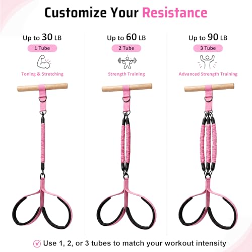 Multifunction Resistance Bands with Handles, Upgraded Dual D-Ring | 3-Tube Adjustable Resistance: 30/60/90 LB | Beech Wood Handle | Wide Foot Pedals | for Abdomen, Waist, Arm, Leg, Pilates - color: Pink
