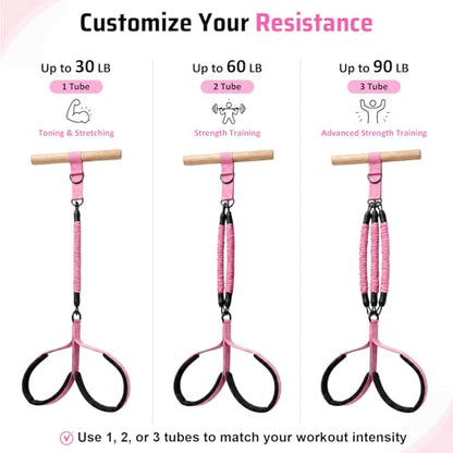 Multifunction Resistance Bands with Handles, Upgraded Dual D-Ring | 3-Tube Adjustable Resistance: 30/60/90 LB | Beech Wood Handle | Wide Foot Pedals | for Abdomen, Waist, Arm, Leg, Pilates - color: Pink