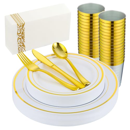 175 PCS Gold Dinnerware Set for 25 Guests, Gold Rimmed White Heavy Duty Plastic Disposable Plates for Party Wedding with 25 Dinner Plates,Dessert Plates, Silverware Set, Cups, Napkins - color: Gold, size: 25 Guests