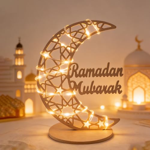 EUBUY Ramadan Crescent Moon Wooden Decorations Lights, Eid Crafts Light Ramadan Moon Lamp Table Decor for Al Adha Decor Muslim Holiday Celebration 15.74 * 11.81 * 0.35in - color: Moon + Text S