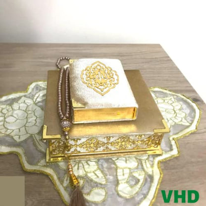 Velvet Covered Quran Tasbeeh Islamic Gift Set | Holy Quran Prayer Beads Wooden Gift Box | Islamic Birthday, Wedding Gift | Islam Graduation Gift | Muslim Gift Favor | Eid, Ramadan Gift Favor (Gold) - color: Gold
