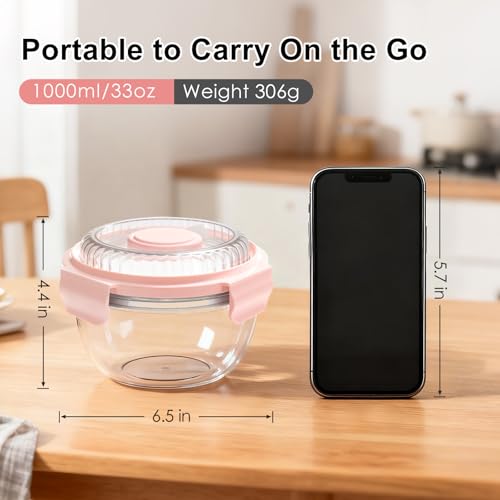 WHALEHOUSE 2-Pack 33 OZ Clear Eco-friendly SK chemicals ECOZEN Salad Container Sets, Portable Plastic Salad Bowls with Lid, Leak-Proof Dressing Container, Bento Lunch Box for Meal Prep & Food Storage - color: Pink-2 Pack