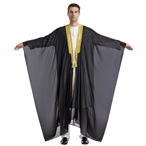 FYMNSI Men's Robe Muslim Clothes Kimono Loose Abaya Dresses Long Sleeve Embroidered Chiffon Kaftan Casual Formal Dubai Thobe - color: Black, size: Medium