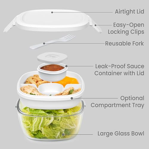 Bentgo Glass Salad Container - 7.6-Cup Salad Bowl with Airtight Lid, Leak-Proof Sauce Container, 4-Compartment Bento Tray & Reusable Fork - BPA-Free for Meal Prep, Office & More (White) - color: White