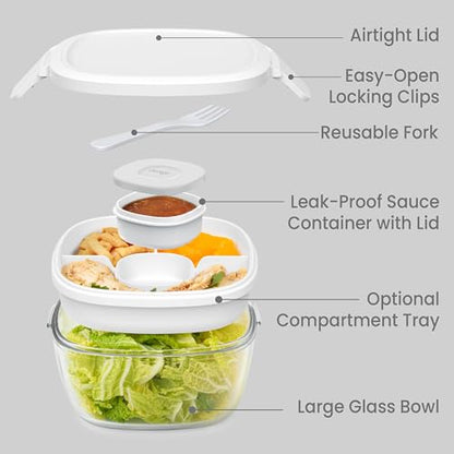 Bentgo Glass Salad Container - 7.6-Cup Salad Bowl with Airtight Lid, Leak-Proof Sauce Container, 4-Compartment Bento Tray & Reusable Fork - BPA-Free for Meal Prep, Office & More (White) - color: White