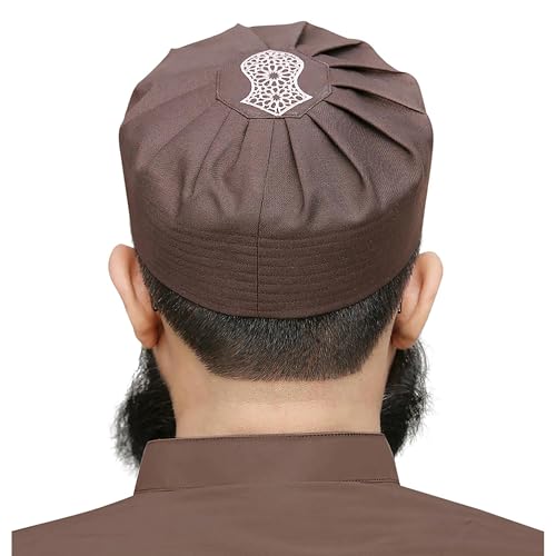 Men's Premium Islamic Embroidered Sandal Soft Kufi Skull Cap Hat Topi Takke for Muslim Men Turban - color: Brown, size: Large