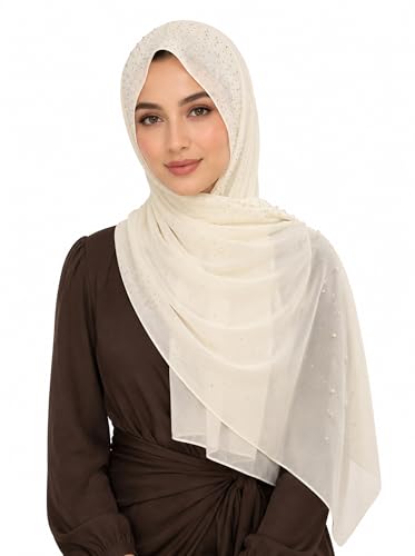 Chiffon Hijab Scarf for Women, Rhinestone Pearl Muslim Head Scarf, Lightweight Shawl Wrap - color: Beige
