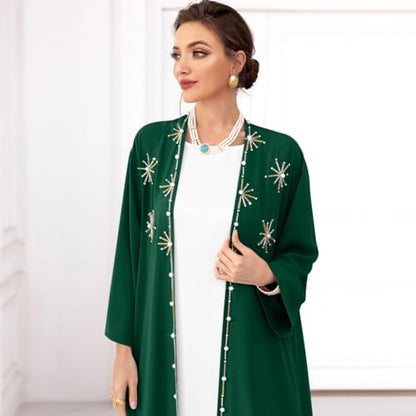 Muslim Abaya Long Sleeve Open Front Rhinestones Kaftan Cardigan Maxi Dress for Women with Belt - color: Dark Green Cardigan, size: Small