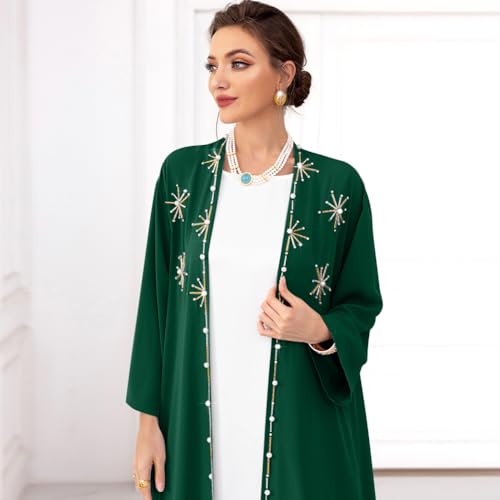 IDOPIP Muslim Abayas for Women Long Sleeve Open Front Cardigan Rhinestone Applique Islamic Dubai Maxi Kaftan Dress with Belt - color: Blackish Green, size: Medium