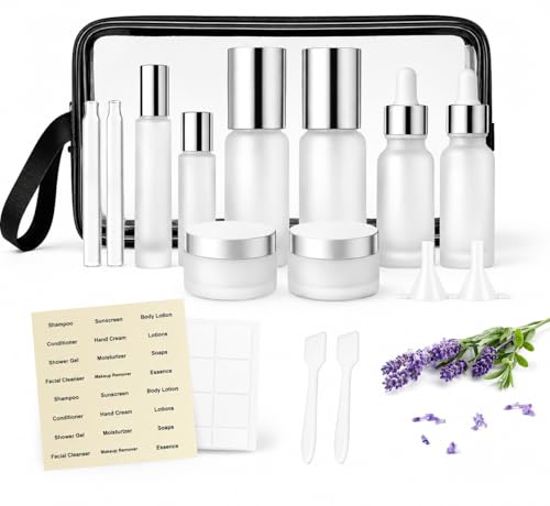 Glass Travel Bottles for Toiletries, TSA Approved Travel Size Containers, Refillable, BPA Free Leak-Proof Bottles with Pump Spray Dropper & Roll-On for Toners, Creams, and Oils (Silver) - color: Silver-frosted glass