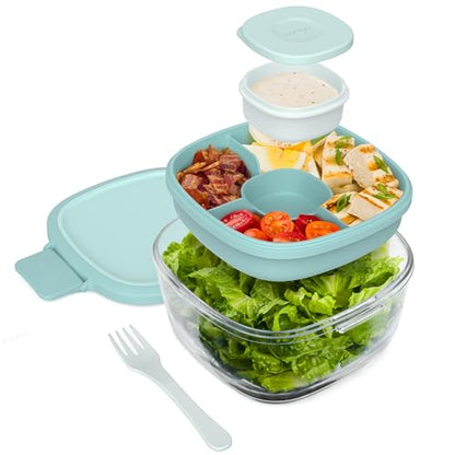 Bentgo Glass Salad Container - 7.6-Cup Salad Bowl with Airtight Lid, Leak-Proof Sauce Container, 4-Compartment Bento Tray & Reusable Fork - BPA-Free for Meal Prep, Office & More (Coastal Seaglass) - color: Coastal Seaglass