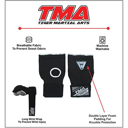 TMA Gel Padded Inner Gloves with Hand Wraps Boxing Gloves, Half Finger Elasticated Bandages, Kickboxing Wraps for Men, Women, Kids MMA, Muay Thai, Kickboxing (Pair) - color: Black, size: Small-Medium