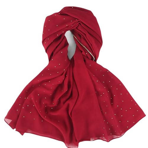 Hijab Scarf for Women Soft Chiffon Rhinestone Long Scarf Shawl Fashion Muslim Hijab Head Wrap Scarves - color: Wine Red