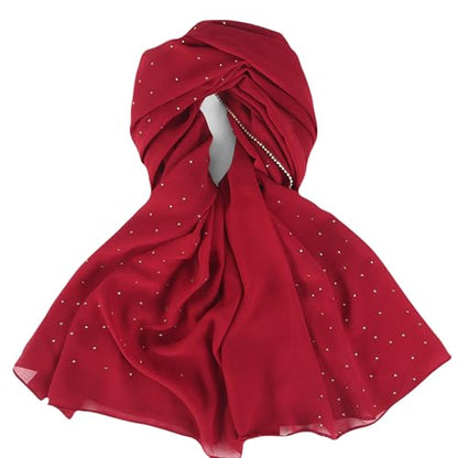 Hijab Scarf for Women Soft Chiffon Rhinestone Long Scarf Shawl Fashion Muslim Hijab Head Wrap Scarves - color: Wine Red