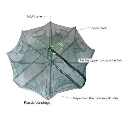 8 Hole 8 Side Foldable Fishing Net - Ideal for Fish, Crab, Shrimp & Crawdad | 32" Expanded Large Space with 6m Nylon Rope, Portable & Easy to Store