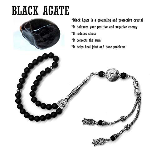 Stylist Prayer Beads (8 mm-33 Beads) Tesbih-Tasbih-Tasbeeh-Misbaha-Masbaha-Subha-Sebha-Sibha-Rosary-Worry Beads (Black Matte Agate Stone) - color: Black Matte Agate Stone