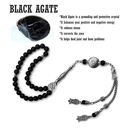 Stylist Prayer Beads (8 mm-33 Beads) Tesbih-Tasbih-Tasbeeh-Misbaha-Masbaha-Subha-Sebha-Sibha-Rosary-Worry Beads (Black Matte Agate Stone) - color: Black Matte Agate Stone