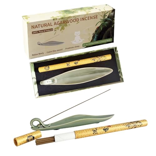 Natural Oud Agarwood Incense Stick Gift Set - Ceramic Incense Holder with Ash Catcher, Indoor Meditation Incense Burner Kit for Home Fragrance & Zen Relaxation