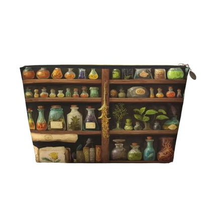 Leather Makeup Bag for Purse, Waterproof Small Toiletry Bag with Zipper, Cute Cosmetic Bags for Women, Potions Herb Shelves Travel Pouch - color: Potions Herb Shelves