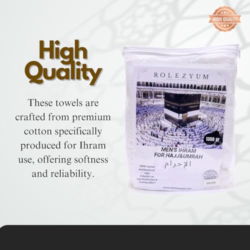 Islamic Men's Ihram Set for Hajj Umrah 100% Cotton umrah Towel with Belt Kufi and Tawaf Beads for Muslim Men 43X86 inch (110 x 220 cm)