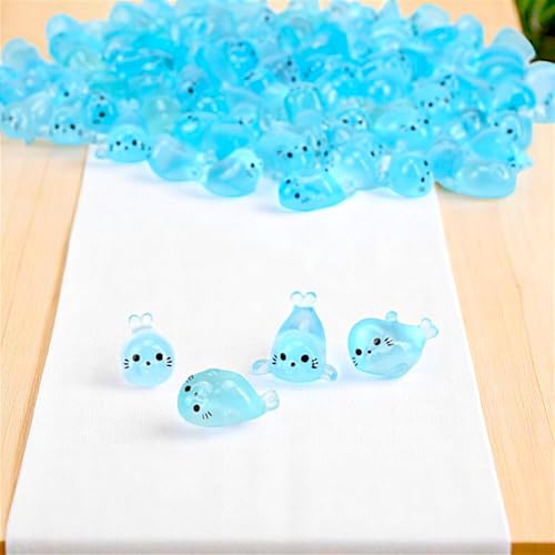 100pcs Glow-in-The-Dark Mini Resin Ocean Animal Decorations – Luminous Seal Figurines for Fairy Garden, Aquarium, Potted Plants, Desk Display & DIY Crafts – Not a Toy