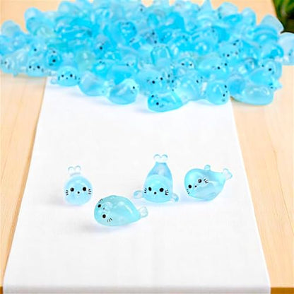 100pcs Glow-in-The-Dark Mini Resin Ocean Animal Decorations – Luminous Seal Figurines for Fairy Garden, Aquarium, Potted Plants, Desk Display & DIY Crafts – Not a Toy