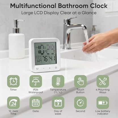 Bathroom Clock Waterproof Shower Timer, Digital Wall Clock with Countdown, Touch Screen, LCD Display, Temperature, Suction Cup/Hanging Hole/Stand, Spa Sauna I White - color: White