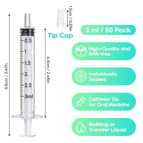 50Pack 3ml Syringes with Caps 3cc Small Oral Syringe Needleless | Plastic Syringe with Tip Cap Individually Wrapped for Scientific Labs, Liquid Measuring, Pet Feeding, Oil & Glue Dispenser - style: 3ml