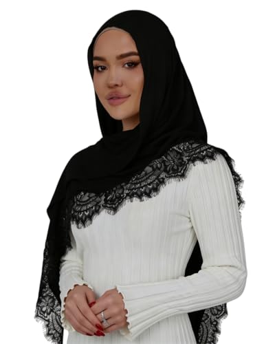 JUMISEE Elegant Floral Lace Hijab Scarf for Women Soft Cotton Head Wrap Instant Hijab Long Scarves Evening Dress Shawl - color: Black With Black Lace Trim