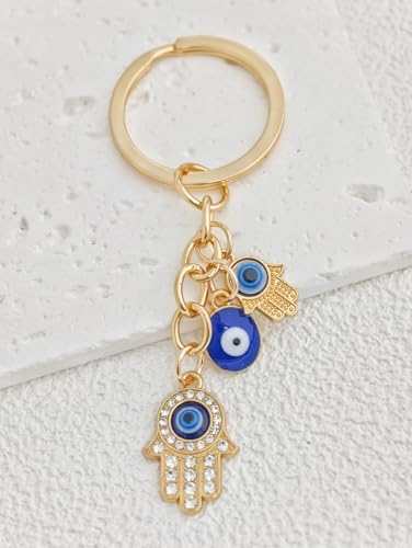 Blue Evil Eye Keychain Hamsa Hand Protection Keyring Good Luck Amulet for Purse Keys,Spiritual Gift for Women Men - color: Gold-5