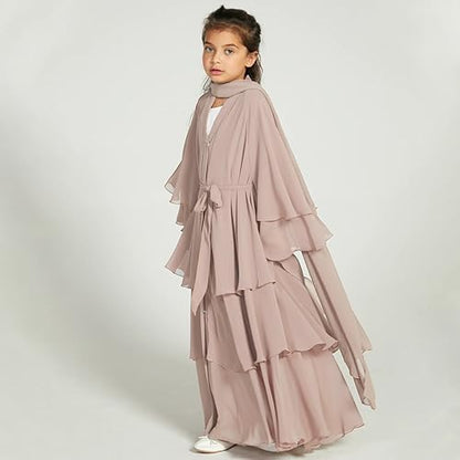 Chiffon layered Open Abaya Dubai Kaftan Muslim Cardigan Abayas Dresses For Girls Casual Robe Kimono Islam Clothing - color: Champagne, size: 7-8 Years