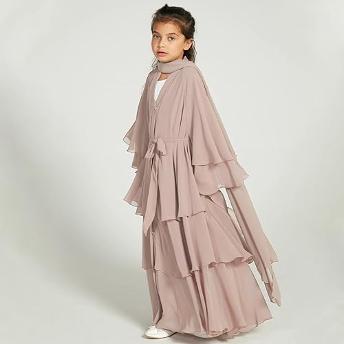 Chiffon layered Open Abaya Dubai Kaftan Muslim Cardigan Abayas Dresses For Girls Casual Robe Kimono Islam Clothing - color: Champagne, size: 5-6 Years