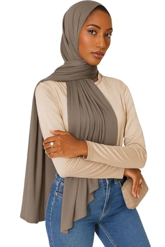Premium Bamboo Jersey Hijab Scarves -Turban Head Wraps for Women, Fashion Headbands Long Plain Muslim Shawls - color: Brown