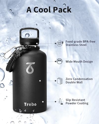 Trebo 64oz Water Bottle,Large Stainless Steel Water Jug with 3 Lids, Triple Wall Vacuum Sports Thermo bottle Keep Hot 24 Hours & Cold 48 Hours,Wide Mouth Flask,Black - color: Black, size: 64 Ounces