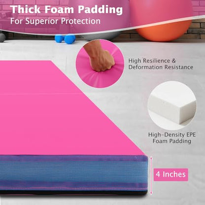 Giantex 4" Thick Folding Gymnastics Mat, 4' x 4' Bio-Folding Exercise Mat with Carry Handles & PU Leather Cover, Gym Home Tumbling Mat for Kids, Yoga, Fitness, Pilates & Martial Arts - color: Pink