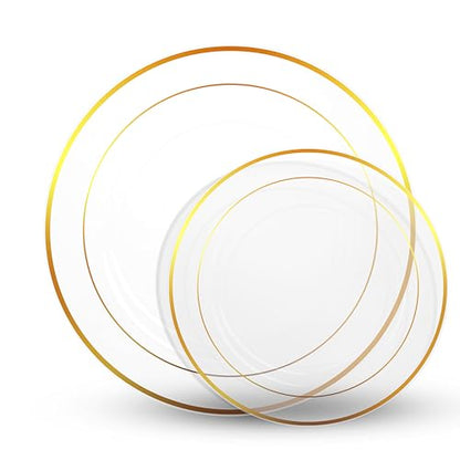 125 Piece Gold Dinnerware Party Set - 50 Gold Rim Clear Plastic Plates, 25 Dinner 25 Dessert Plates, 25 Knives, 25 Forks, 25 Spoons - 25 Guest Disposable Set for Wedding Birthday Parties - color: Clear / Gold